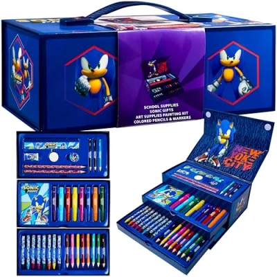 Image of SONIC THE HEDGEHOG Art Set for Kids with Crayons Markers Colouring Pencils Supplies