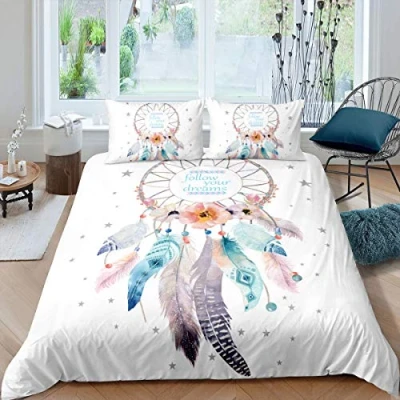 Image of Dream Catcher Bedding Set Double Size Follow Your Dreams Comforter Cover Decorative 3 Pieces Galaxy Duvet Dreamy Feather Bedspread with 2 Pillowcase Microfiber Zipper