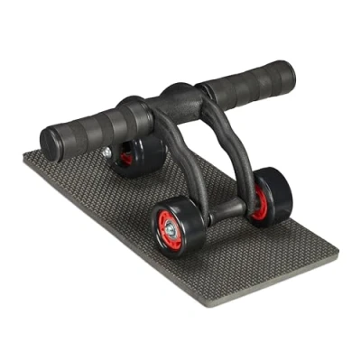 Image of Relaxdays Ab Roller with 3 Wheels, Abdominal Trainer for Home, Women &amp; Men, Core Exercise, Knee Mat, Black/Red, Steel, 12 x 29.5 22 cm