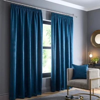 Image of Fusion Teal Curtains W66 x L54 (168 137cm) 100% Cotton 2x Panels Pencil Pleat in Blue Soundproof &amp; Thermal for Bedroom Pleated Drapes