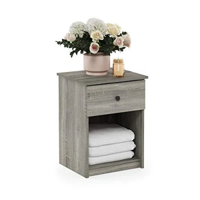 Image of Furinno Lucca Side Table, End Nightstand with One Drawer, French Oak Grey