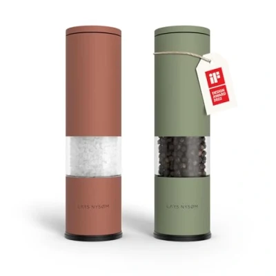 Image of LARS NYSØM Salt and Pepper Mills Set Stainless Steel with Adjustable Ceramic Grinder 2 Pieces I Design Spice Manual (Red/Green)