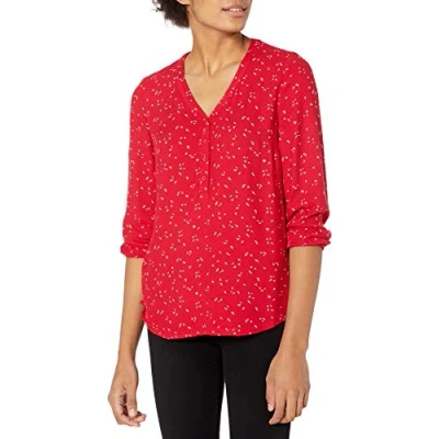 Image of Amazon Essentials Women&#039;s 3/4 Sleeve Button Popover Shirt, Red Leafy Floral, S