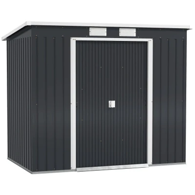 Image of Outsunny 7 x 4ft Lean to Garden Shed with Foundation Kit, Double Door and Vents, Outdoor Metal Storage for Equipment Tools, Dark Grey