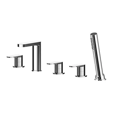 Image of Nuie BIN314 Binsey Modern Bathroom Round Deck Mounted 5 Tap Hole Bath Shower Mixer with Lever Handles, 135mm, Chrome