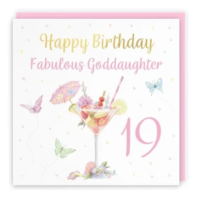 Image of Hunts England 19th Goddaughter Pink Cocktail And Butterflies Birthday Card Luxury Gold Foil Milo&#039;s Gallery Age 19 Elegant For Nineteen