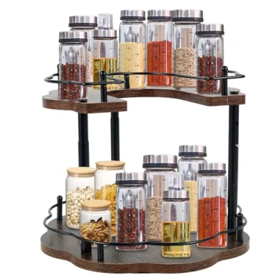 Image of Turntable Spice Rack 2 Tier 360 Rotating Seasoning Organizer Height Adjustable Wooden Lazy Susan Cupboard Organiser for Cabinet Pantry Kitchen Bathroom Vanity