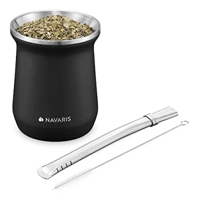 Image of Navaris Yerba Mate Cup 300ml Double Walled Stainless Steel Tea Set with Gourd Mug and Bombilla Straw Brush for Drink Black