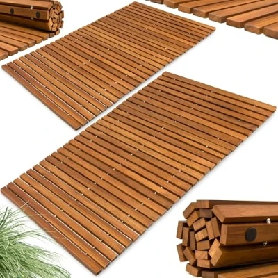 Image of DEUBA® Set of 2 Wooden Bath Mats Rectangular Duckboards Luxury FSC® Certified Acacia Wood Non Slip Bathroom Spa Shower Sauna Steamer Slatted Design 76 x 50cm