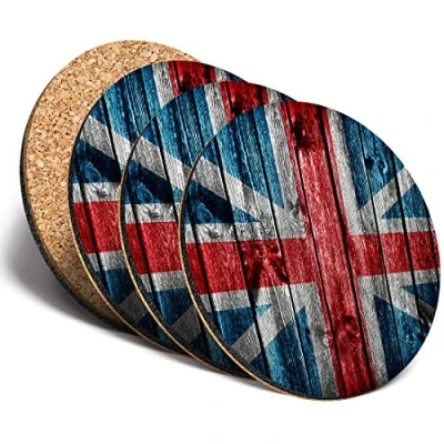 Image of Destination Vinyl ltd Great Coasters (Set of 4) Round Wooden Effect Union Jack UK Flag Drink Glossy Coasters/Tabletop Protection for Any Table Type #8312