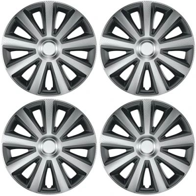 Image of Versaco Car Wheel Trims AVIATORCAR14 Carbon Black/Silver 14 Inch 9 Spoke Boxed Set of 4 Hubcaps Includes Fittings/Instructions