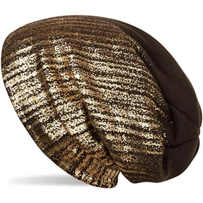 Image of styleBREAKER Warm fine Knit Beanie with Metallic Print and Fleece Lining, Slouch Long Beanie, Unisex 04024132, Colour:Dark Brown/Gold