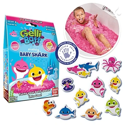 Image of Baby Shark Gelli Baff Pink with Free Floating 3D Bath Sticker from Zimpli Kids, 1 or 6 Play Uses, Magically turns water into thick, colourful goo, Bathtub Toy Birthday Present for Boys &amp; Girls