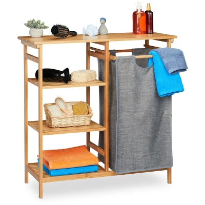 Image of Relaxdays Bathroom Shelf with Laundry Basket, Bamboo, 4 Levels, Removable Collector, 80.5 x 80 33.5 cm, Natural/Grey, 1 Item