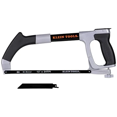 Image of Hacksaw Frame with 24 TPI and Reciprocating Blades, Adjustable Tension to 30,000 PSI Klein Tools 702 12 , Black