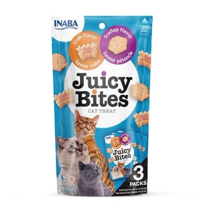 Image of Juicy Bites by INABA Cat Treat Crab &amp; Scallop Flavour (3 x 11.3g) / Soft Moist Treat, Delicious Healthy Snack for Cats, Hand Feeding Nibbles, Bite Sized Snack, Natural, Grain Free