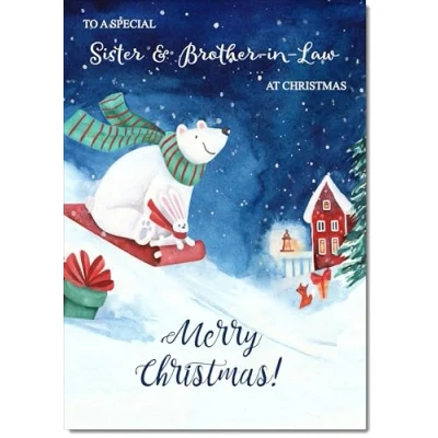 Image of doodlecards Sister and Brother in Law Christmas Card Bear on Sled Medium Size for &amp; with Plain Envelope