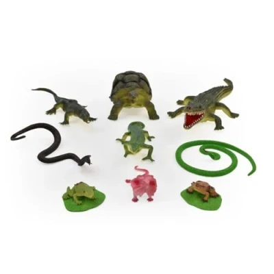Image of PETERKIN CLASSICS Reptile World 9 Piece Set 3 20cm Plastic Toy Figures Komodo Dragon, Tortoise, Crocodile, Cobra, Chameleon, Boa, Frog, Lizard, Toad Roleplay Toys Ages 3+