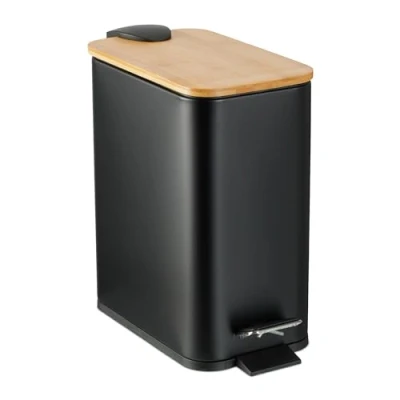 Image of Relaxdays Step Pedal Bin, 5 Litre Capacity, Removable Inside, Square, Bathroom Cosmetic Waste, Metal, Bamboo Lid, Black, Iron, 28.5 x 14.5 27 cm