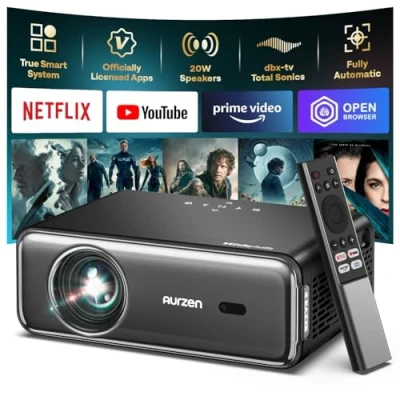 Image of Aurzen EAZZE D1 Pro Smart Portable Projector: NetfIix Officially, Auto Focus &amp; Keystone, Dolby Audio dbx tv Total Sonics, Full HD 1080P WiFi Bluetooth Phone Projector for Home Cinema Bedroom Android
