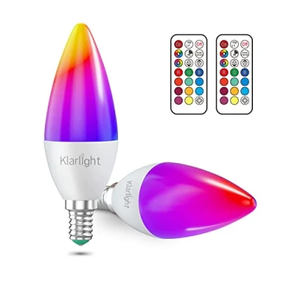 Image of Klarlight C35 E14 Colour Changing LED Bulbs, 3W Dimmable RGB Candle Bulb, Warm White 3000K Angle Light Memory Function Bulbs with Remote Control, Pack of 2