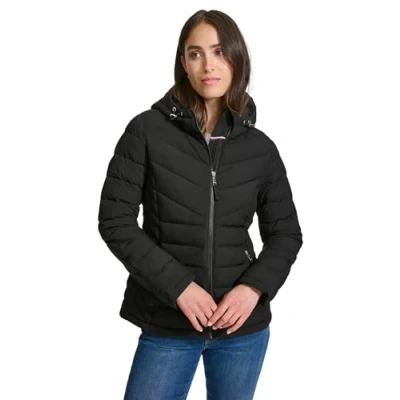 Image of Tommy Hilfiger Women&#039;s Essential Lightweight Packable Puffer Jacket Down Alternative Coat, Black, L