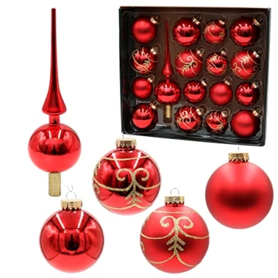 Image of Dekohelden24 Lauschaer Christmas Tree Decorations Set of 16 Baubles Including 1 Glass Topper for Christmas, Hand Decorated, Red Matt and Glossy, 6.7, Golden Crown, 8 cm, 17