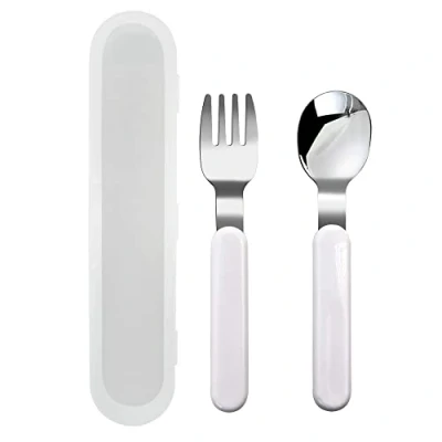 Image of VANRA 2 Piece Children Fork and Spoon Set 18/10 Stainless Steel Child Flatware Kids Utensils with Case for Lunch Box
