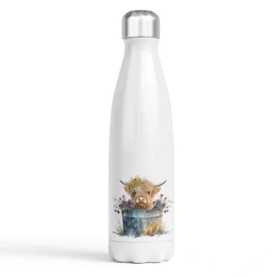 Image of Anonymous Gifting Highland Cow Water Bottle Green Double Wall Insulated Stainless Steel Sport Drinks 500ml Gift Ideal for School Work Office Oudoor