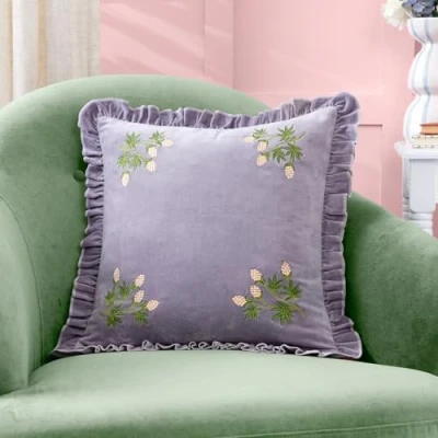Image of furn. Hettie Embroidered Velvet Feather Rich Cushion Lilac Cotton Size 45 cm x
