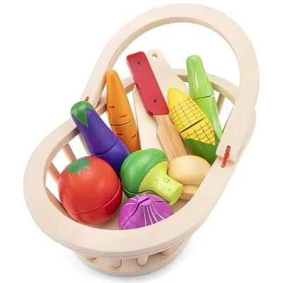 Image of New Classic Toys Vegetable Basket with 8 Wooden Vegetables Kitchen Accessories for Kids, Montessori Toys, Toy Food, Play Food 1 Set of 9 Pcs