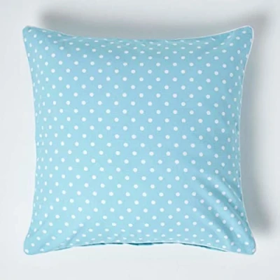 Image of HOMESCAPES 100% Cotton Polka Dots Large Cushion Cover 60 x cm Square 24 Inches Blue White Sofa Pillow Washable
