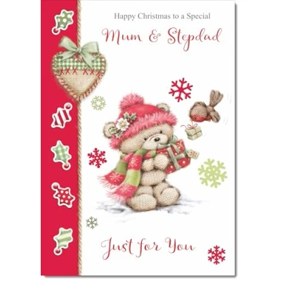 Image of doodlecards Mum and Stepdad Christmas Card Cute Bear with Red Hat Medium Size for &amp; Plain Envelope