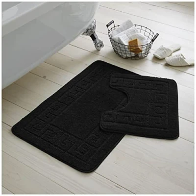 Image of GC GAVENO CAVAILIA Greek Key Pattern Bath Mats 2 Piece Sets Non Slip, Soft Washable Rug Quick Dry Water Absorbent Bathroom Shower Mat &amp; Pedestal Set, Black