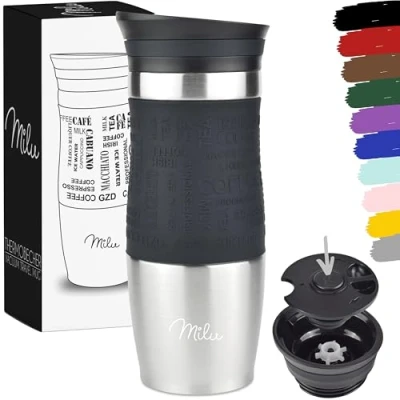 Image of Milu Thermo Mug 370ml 450ml Insulated Coffee to go 100% Leak Proof Stainless Steel Drinking Car Double Wall Insulation Travel (Black, 370ml)