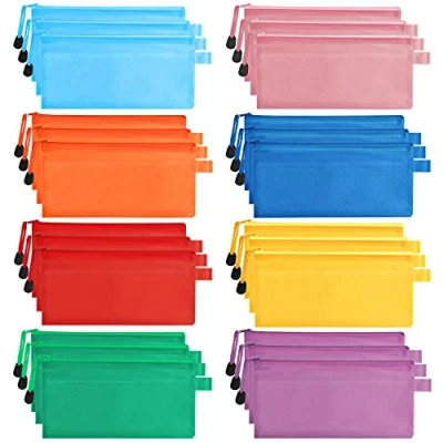 Image of Belle Vous 24 Pack Mesh Zipper Pouch 8 Colours Plastic Document File Bags/Folders Waterproof Wallets for Travel Accessories, Cosmetics, School/Office, Pens/Pencils, or Bill Bag