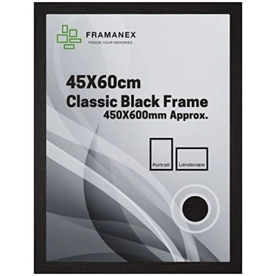 Image of FRAMANEX Classic Picture Poster Frame, 45 X 60cm Black Wood Finish, Portrait, Landscape Display Rectangle 450 600mm Frame (Black Frame)