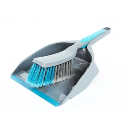 Image of Beldray LA049254 Dustpan and Brush Set, Cleaning Kitchen Floor, Hardwearing Lightweight, Ergonomic Handle, Soft Bristles, Ideal for All Surfaces, Rubber Lip, Grey/Blue, Plastic, Grey/Blue