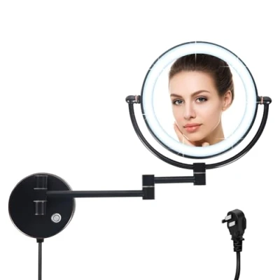 Image of DOWRY Shaving Mirror Wall Mounted 1x/7x Extendable Magnifying with led Light 360 Rotatable Double Sided Black,Diameter 8 Inches