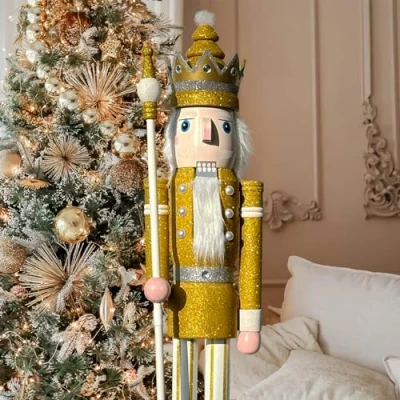 Image of CDL 150cm 60&quot; 5Ft Tall Life Size Large/Giant Gold Glitter Christmas Wooden Nutcracker King Ornament On Stand Holds Scepter For Indoor Outdoor Xmas/Event/Wedding Decoration (5 Feet, K29)