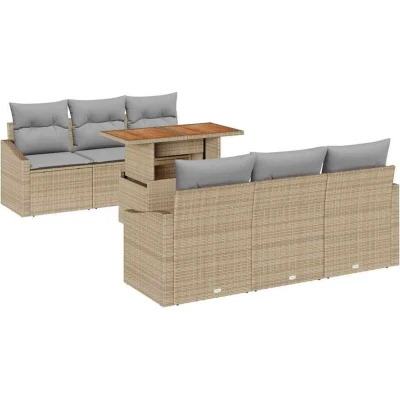 Image of vidaXL 7 Piece Garden Dining Set with Cushions Beige Poly Rattan Acacia