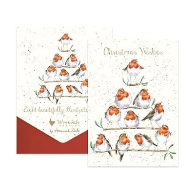 Image of Wrendale Designs Christmas Cards Pack of 8 Rockin Robins Robin Card Pack, WHITE, 101mm x 152mm