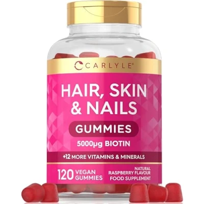 Image of Hair Skin and Nails Gummies 5000mcg Biotin 120 with Vitamins A, B12, B6, C, D, E &amp; Zinc Natural Raspberry Flavour by Carlyle