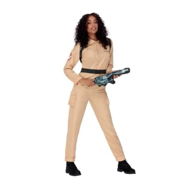 Image of Smiffys Ghostbusters Ladies Costume for Adults, Jumpsuit and Inflatable Backpack, Beige, Officially Licensed with Logo Detail, Perfect Halloween, 80s Theme Parties, Family Fancy Dress