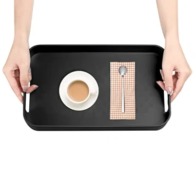 Image of HAOCHEN Serving Tray with Handles, Anti Slip Food Tray, Rectangular Plastic Reusable Decorative Kitchen Platter for Restaurants Bedroom Living Room Eating Dinner Coffee Drink