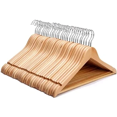 Image of KEPLIN Strong Natural Wood Wooden Coat Hangers with 360 Degree Rotatory Hook &amp; Round Trouser Bar Shoulder Notches Durable Wardrobe Space Saver Suitable for Coat, Jacket, Suit, Jumper (20 Pack)