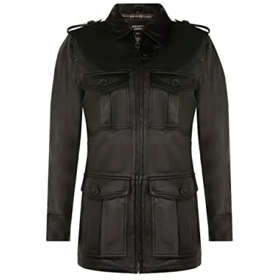 Image of Infinity Leather Mens Parka Safari Coat Mesa Verde Black Size Medium