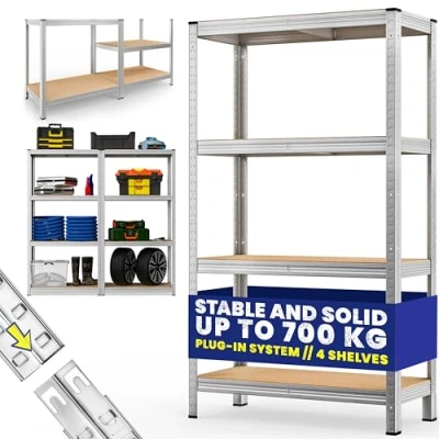 Image of Monzana® Garage Shelving Unit 4 Tier Industrial Racking Heavy Duty Free Standing Plug In Shelves Warehouse Shed Workshop 700KG Capacity Silver 170 x 75 30cm