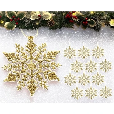 Image of 12pk Glitter Snowflake Hanging Decorations, Christmas Tree Baubles/Ornaments (Gold)