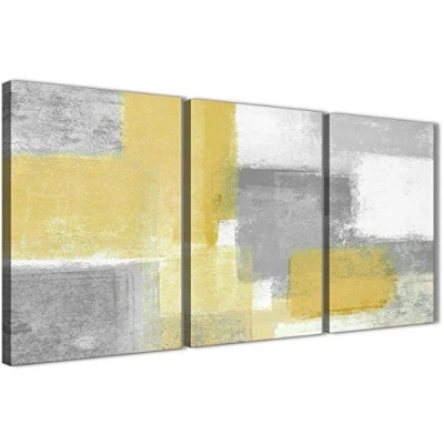 Image of Wallfillers 3 Piece Mustard Yellow Grey Bedroom Canvas Pictures Decor Abstract 3367 126cm Set of Prints